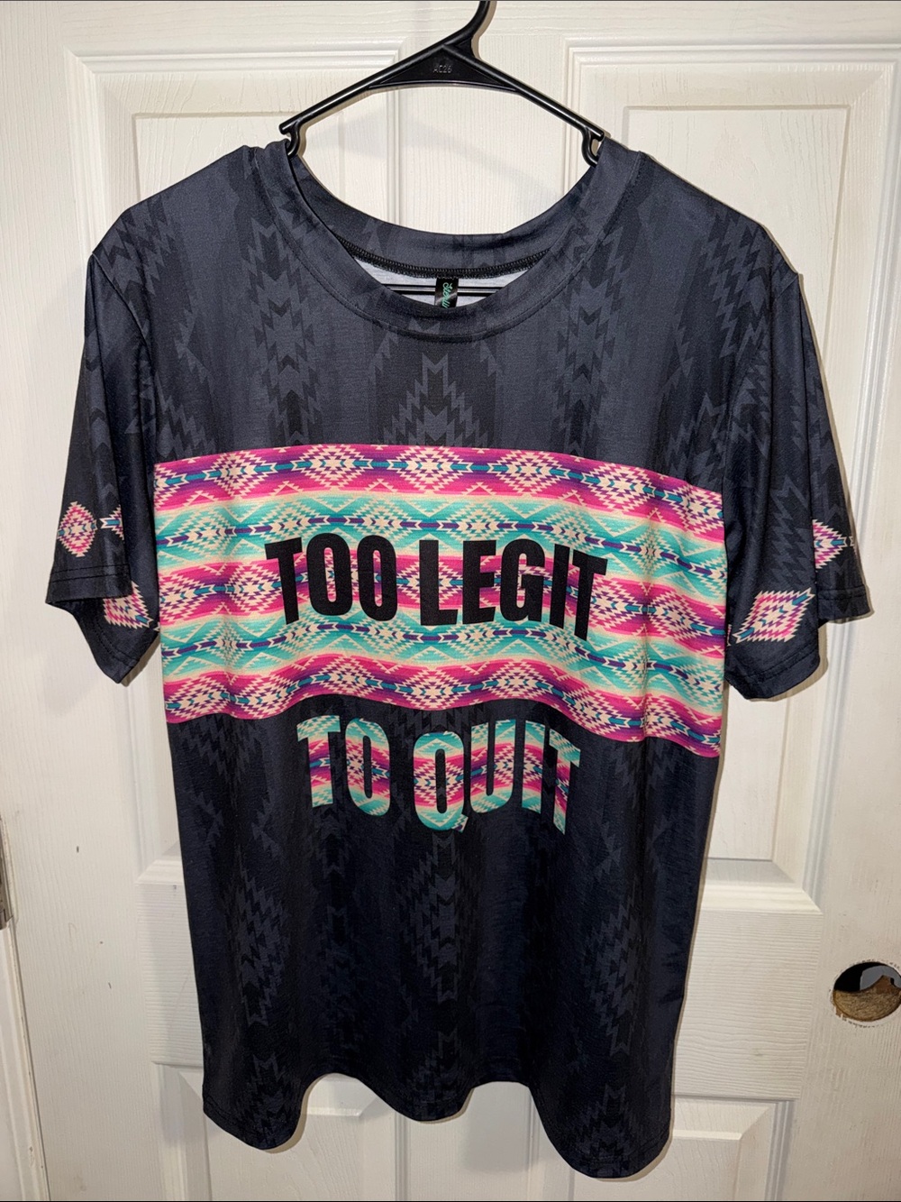 Too Legit Black Graphic Tee with Pink & Teal Aztec Stripe - Women’s Short Sleeve